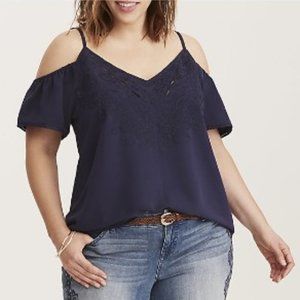 Torrid EMBROIDERED COLD SHOULDER BLOUSE Navy Size 0
